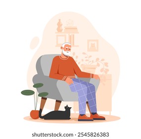 Anciano en casa. Viejo hombre sentado en silla cómoda con gato. Comodidad y comodidad en el apartamento. Pensionista descansando en el interior. Ilustración vectorial plana aislada sobre fondo blanco