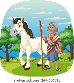 Elderly man with horse in a pastoral landscape.