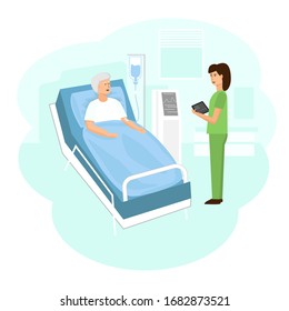 An elderly man in the hospital. The patient is lying on the bed and talking to the doctor. Around the medical equipment with a display and a dropper. Health care and assistance to the disabled. Vector