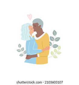 Elderly Man hug woman. Couple in love for Valentine's day concept. Cute cartoon vector illustration isolated on white background.