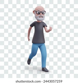 Ein älterer Mann hat es eilig. Vektor bärtige männliche Figur läuft. Opa verspätet sich