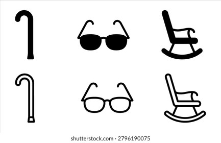 elderly man icon set includes glasses rocking chair cane and walking stick pictograms