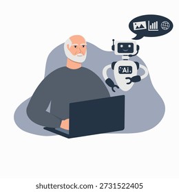 Hombre mayor que interactúa con el asistente del robot de la IA vía el ordenador portátil. Una Ilustración vectorial plana que representa a un hombre mayor con cabello gris y barba sentado en una mesa y usando una computadora portátil oscura. Un simpático robot de inteligencia artificial blanco y negro, o chatbot, está de pie junto a él, interactuando a través de una burbuja de diálogo que contiene íconos que representan el análisis de datos, las Imágenes y el Internet