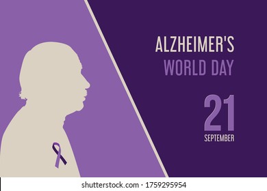 Elderly man isolated silhouette and text Alzheimer's world day September 21 on a purple background. Purple ribbon day.