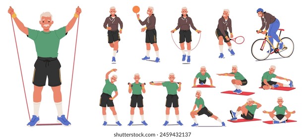 Elderly Man In A Jersey Doing Various Exercises. Fit Aged Male Character Engaging In Different Sports, Showcasing His Love For Recreation And Healthy Lifestyle. Cartoon People Vector Illustration