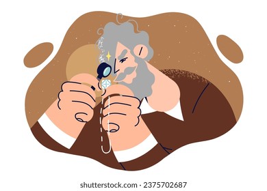 Elderly man jeweler examines silver necklace through magnifying glass to evaluate expensive accessory. Experienced jeweler with loupe checks gemstone in chain for quality and authenticity