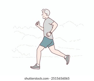 elderly man jogging outdoors. Healthy active lifestyle on retirement and sport outdoor concept. Hand drawn style vector design illustrations.