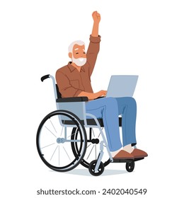 Elderly Man Jubilant In His Wheelchair, Raises Triumphant Fist While Navigating His Laptop, A Symbol Of Resilience And Technological Empowerment In The Face Of Physical Challenges. Vector Illustration