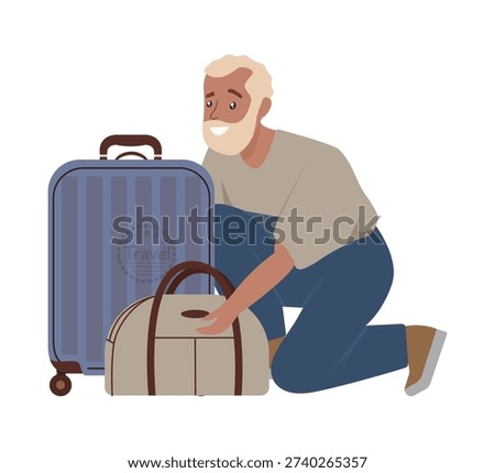  Elderly man kneeling next to suitcases while packing for travel, captured in a cheerful and optimistic mood. Vector illustration showing preparation and excitement for a journey.