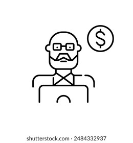 Elderly man at laptop and dollar sign. Senior digital investments, financial services and online income possibilities. Pixel perfect vector icon