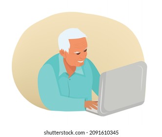 An elderly man at a laptop keeps his hands on the keyboard. A man is mastering computer technology. An elderly man smiles.
