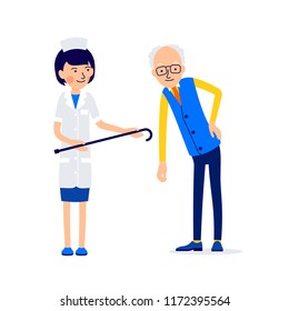 Elderly man leaned from lower back pain, he holds sore place with his hand. Nurse or doctor offers him cane. Illustration of people characters isolated on white background in flat style.
