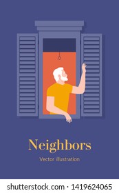 An elderly man leaned out of the window and waved his hand. Neighborhood. Vertical banner with text. Postcard. Summer evening. Vector flat illustration