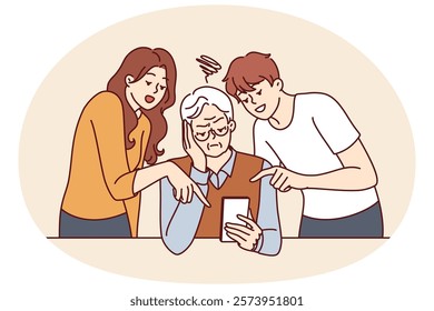 Elderly man learns to use phone and listens to advice of adult children teaching how to send SMS message. Old human is upset because of inability to use modern smartphone and online app