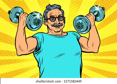 elderly man lifts dumbbells, fitness sport. Pop art retro vector illustration drawing vintage kitsch
