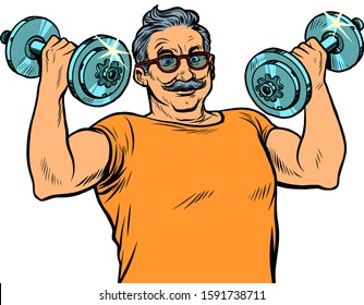 elderly man lifts dumbbells, fitness sport. Pop art retro vector illustration drawing vintage kitsch