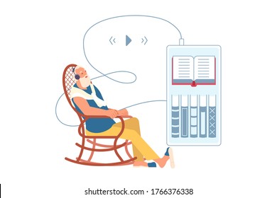Elderly man listening music or audiobook through headphones. Grandfather is using digital technology audio book from smartphone sitting in rocking chair. Flat Art Vector Illustration