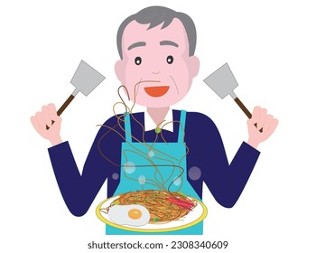 An elderly man living alone is cooking yakisoba.