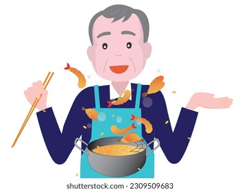 An elderly man living alone is cooking fried food.