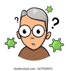 Elderly man looking confused with viruses flying around him. Coronavirus prevention, world quarantine. Cartoon design icon. Colorful flat vector illustration, isolated on white background.