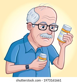 Elderly man looking at and examining a bottle of medication.