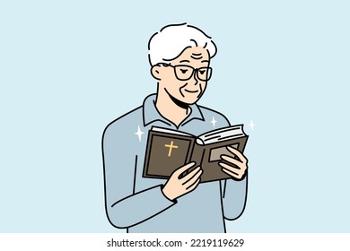 Elderly man looks into Holy Scripture. Pensioner is reading Bible. Grandfather holding open Cods book. Old christian praying, asks for help, blessings from higher powers. Vector linear illustration.