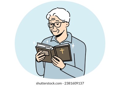 Elderly man looks into Holy Scripture. Pensioner is reading Bible. Grandfather holding open Cods book. Old christian praying, asks for help, blessings from higher powers. Vector linear illustration.