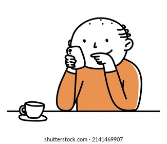 An elderly man looks at the phone and drinks tea. Isolated illustration man plays, reads, laughs.