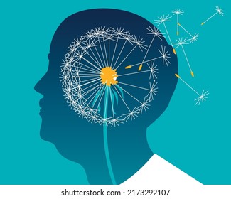 Elderly man lost pieces of his head like Dandelion seeds in the wind. Dementia Alzheimer, memory loss and losing part of brain concept. Elderly man. Male subject. Vector illustration