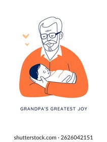 O homem idoso amorosamente abraça o neto bebê em casa. Um retrato calmo e tocante simbolizando o amor intergeracional, o cuidado dos pais e a conexão emocional na vida familiar. Ilustração de vetor plano