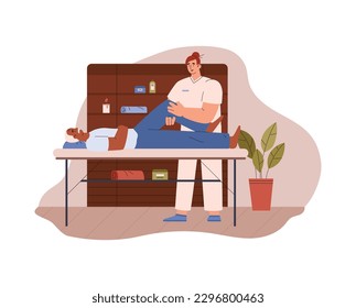 Hombre mayor tirado en la espalda y recibiendo masaje de estilo plano, ilustración vectorial aislada en fondo blanco. Terapia de masajes, elemento de diseño decorativo, asistencia sanitaria