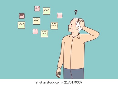 Elderly man making notes suffering from memory loss. Old grandfather use memo stickers struggling with Alzheimer or dementia. Health problems concept. Vector illustration. 