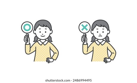 Un anciano haciendo una pose correcta. Ilustración de la parte superior del cuerpo de una niña sosteniendo un círculo y una cruz y poniendo sus manos en sus caderas