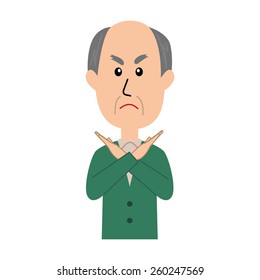 An elderly man making an x sign by crossing his arms, vector illustration