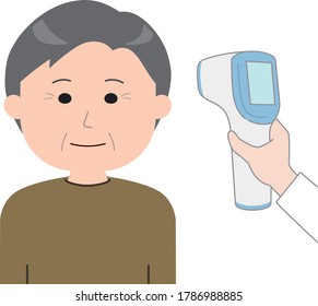 La enfermera o el médico comprueba la temperatura corporal del hombre de mediana edad utilizando una pistola infrarroja de termómetro de frente para el coronavirus. Aislado sobre fondo blanco.