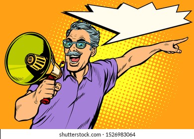 An Elderly Man With A Megaphone. Pop Art Retro Vector Illustration Drawing Vintage Kitsch