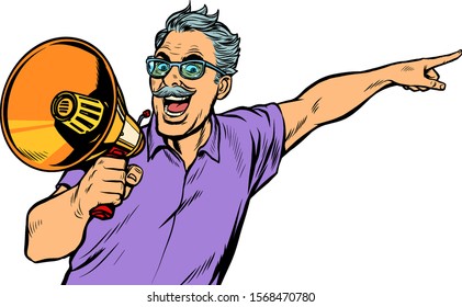 An Elderly Man With A Megaphone. Pop Art Retro Vector Illustration Drawing Vintage Kitsch