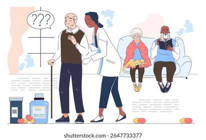 Elderly man with memory loss assisted by caregiver, older couple on couch with cat and book, medical pills and bottles, in a healthcare support concept. Vector illustration