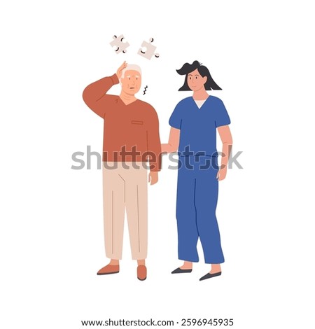 Elderly man with memory loss and cognitive impairment, assisted by a caring female nurse. Alzheimer disease and dementia symptoms. Healthcare and senior support. Vector isolated illustration on white.