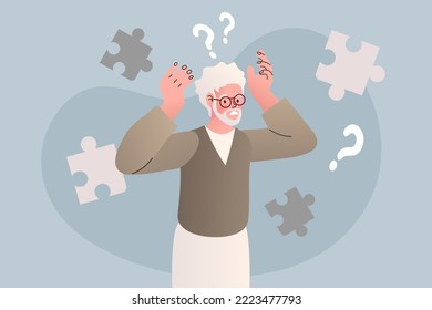 Elderly man with memory loss problem. Alzheimer disease concept. Upset Confused Grandpa with Dementia or Parkinson Disease. Confused senior male struggle. Cartoon flat vector illustration.