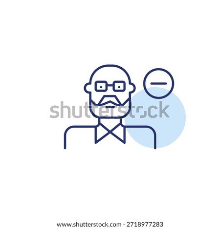 Elderly man and minus. Remove user, delete avatar. Reduce profile access. Pixel perfect, editable stroke vector icon