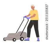 A elderly man mows the lawn with a lawnmower