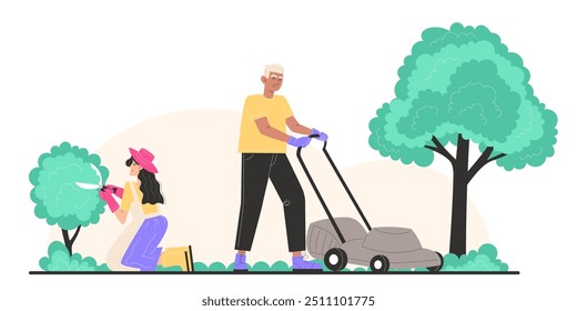 A elderly man mows the lawn with a lawnmower and young woman trims bushes in the garden