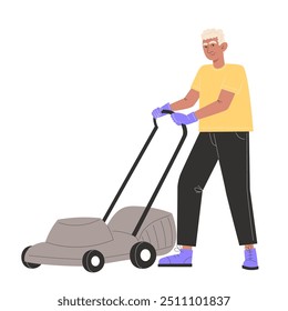 A elderly man mows the lawn with a lawnmower