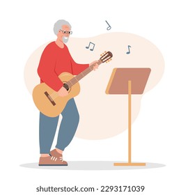 Músico de hombre mayor tocando guitarra. Las personas mayores tienen un estilo de vida activo y un concepto de hobby creativo. Dibujo vectorial o ilustración plana.