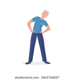 Elderly man with mustache bending sideways to do morning exercises vector illustration