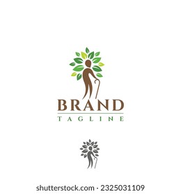 Elderly man nursing home aid fund tree rehabilitation hospital vector logo