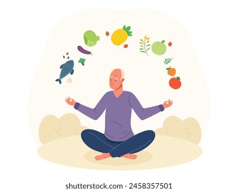 Elderly man nutrition. Elder old people gourmet nutritional meal, cartoon grandfather in yoga posing with healthy food senior person vegetable diet health menu vector illustration of nutrition food