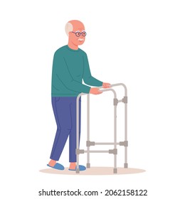 Elderly man. Old man character with paddle walker on white background. Senior man flat Vector illustration.