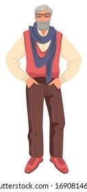 Ältere Menschen, alter Mann mit Bart in Brille, alternde oder ältere Konzept isolierte Charakter-Vektorillustration. Reife Männchen in stylischem Outfit mit grauem Haar. Lebensdauer des Menschen, Erfahrung, Lebenszyklus-Schritt